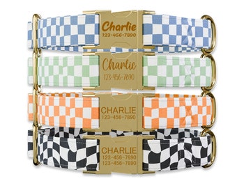 Checkers Dog collar w/ metal buckle, HAND MADE,  Personalized Collar, 1&quot; inch wide, Matching leash, 70&#39;s designs