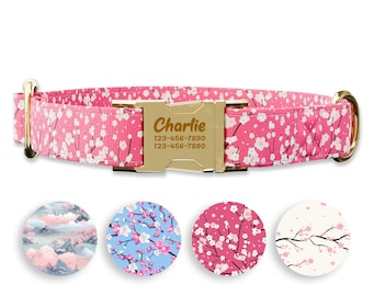 Pink Cherry blossom floral style Dog collar w/ metal buckle, HAND MADE,  Personalized Collar, 1" inch wide, Matching leash, Blossom mountain
