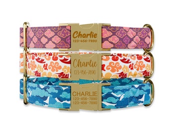 Japanese Clouds style Dog collar w/ metal buckle, HAND MADE,  Personalized Collar, 1" inch wide, Matching leash,
