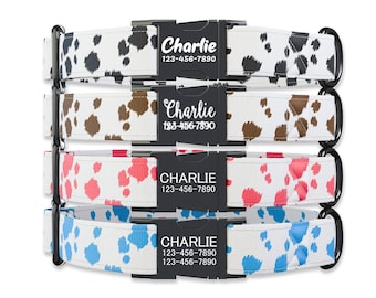 Cow Dog  style Dog collar w/ metal buckle, HAND MADE,  Personalized Collar, 1" inch wide, Matching leash, black, pink, brown, blue