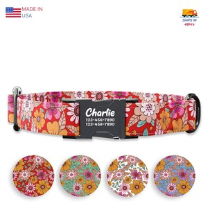 Floral Rustic Design Dog collars w/ metal buckle, HAND MADE,  Personalized Collar, 1&quot; inch wide, Matching leash,Designer dog collars