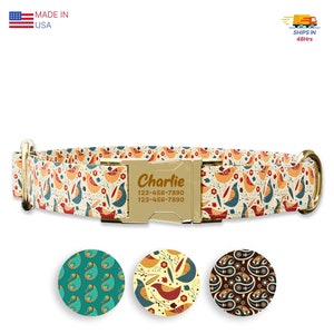 Collar de perro estilo pájaros populares con hebilla de metal, HECHO A MANO, Collar personalizado, 1"pulgada de ancho, Correa a juego,