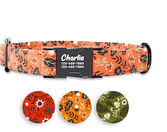 Orange Forrest Fern Dog collar w/ metal buckle, HAND MADE,  Personalized Collar, 1" inch wide, Matching leash