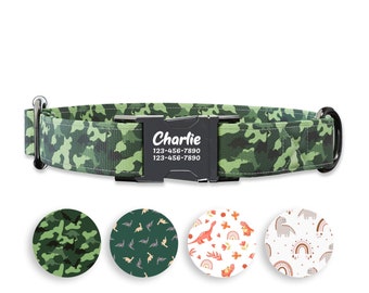 Little Camo Dinosaurs Dog collar w/ metal buckle, HAND MADE,  Personalized Collar, 1" inch wide, Matching leash, animal print dog collar
