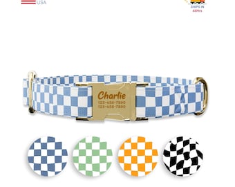 Blue Checkers Dog collar w/ metal buckle, HAND MADE,  Personalized Collar, 1&quot; inch wide, Matching leash, 70&#39;s designs