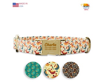Folk birds style Dog collar w/ metal buckle, HAND MADE,  Personalized Collar, 1&quot; inch wide, Matching leash,