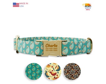 Rustic teal paisley style Dog collar w/ metal buckle, HAND MADE,  Personalized Collar, 1&quot; inch wide, Matching leash,