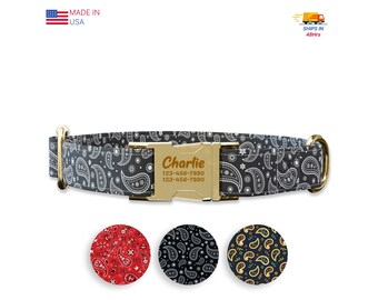 Black Paisley style Dog collar w/ metal buckle, HAND MADE,  Personalized Collar, 1" inch wide, Matching leash,