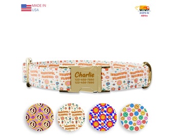 Beautiful Flowers  style Dog collars w/ metal buckle, HAND MADE,  Personalized Collar, 1" inch wide, Matching leash, Peace, Hippie style