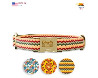 Retro 70s, Orange ZigZag Personalized dog collars with name , 1 inch wide, Handmade in USA