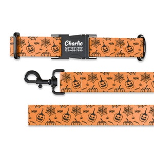 May include: Orange and black dog collar and leash set with a Halloween pumpkin and spiderweb pattern. The collar has a black buckle with the name "Charlie" and phone number "123-456-7890" printed on it.