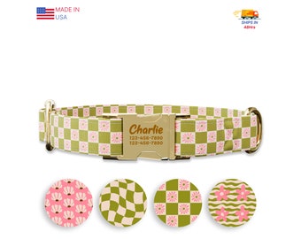 Green checkers Floral Dog collar w/ metal buckle, HAND MADE,  Personalized Collar, 1" inch wide, Matching leash, 70's designs