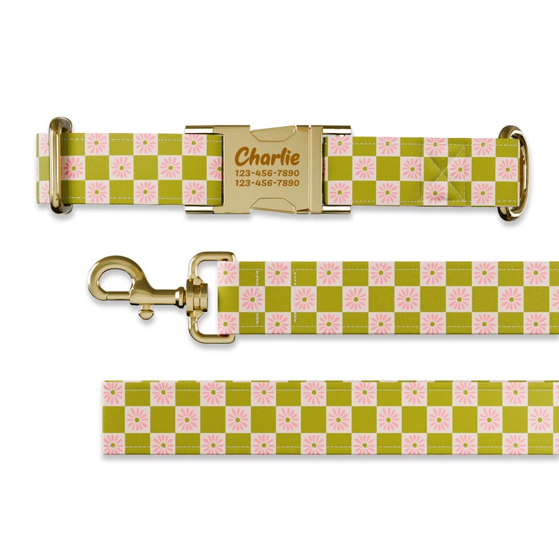May include: A gold dog collar and leash set with a pink and green checkered pattern featuring small pink flowers. The collar has a gold buckle with a personalized name tag that reads "Charlie 123-456-7890".