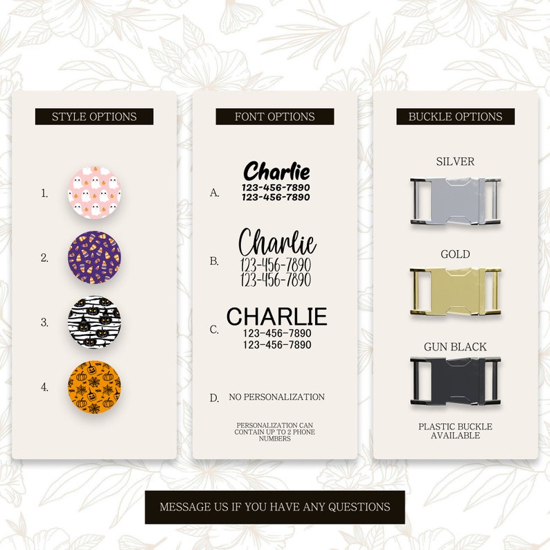 May include: A customizable phone charm with a variety of Halloween-themed designs. Choose from four different styles, including ghosts, candy corn, black cats, and pumpkins.  You can also personalize the charm with a name and phone number in three different font styles.  The charm comes with a choice of silver, gold, gun black, or plastic buckle.