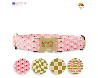 Pink Retro Floral Dog collar w/ metal buckle, HAND MADE,  Personalized Collar, 1" inch wide, Matching leash, 70's , checkers