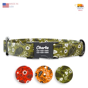 May include: Green dog collar with a white floral pattern and a black buckle. The buckle has the name "Charlie" and phone numbers printed on it. The collar is shown with three different color variations of the floral pattern: orange, yellow, and green.