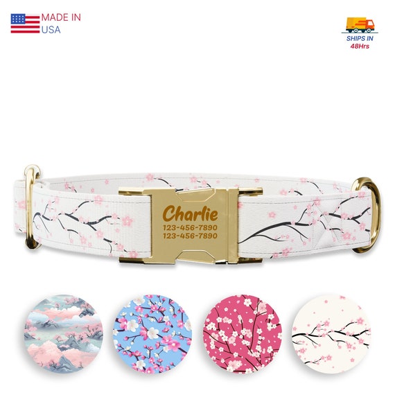 White Cherry Blossom style Dog collar w/ metal buckle, HAND MADE,  Personalized Collar, 1" inch wide, Matching leash, Cherry blooms