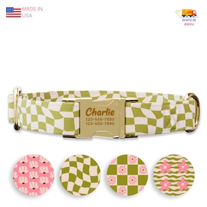Green checkers Dog collar w/ metal buckle, HAND MADE,  Personalized Collar, 1" inch wide, Matching leash, 70's designs