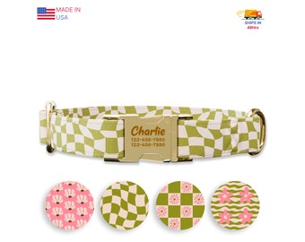 Green checkers Dog collar w/ metal buckle, HAND MADE,  Personalized Collar, 1&quot; inch wide, Matching leash, 70&#39;s designs
