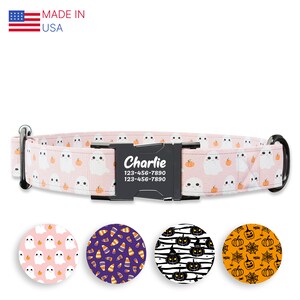 May include: Pink dog collar with a white ghost and orange pumpkin pattern. The collar has a black buckle with the name "Charlie" and phone number "123-456-7890".  The image also shows four different patterns for the collar: ghosts and pumpkins, candy corn, black and white striped pumpkins, and orange pumpkins with spiderwebs.