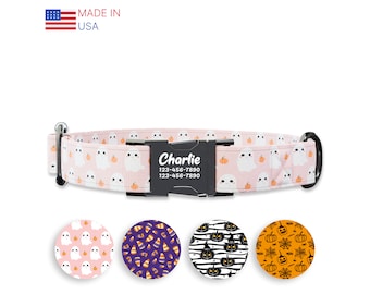 Cute Ghost Dog collar w/ metal buckle, HAND MADE,  Personalized Collar, 1" inch wide, Matching leash, Halloween collar