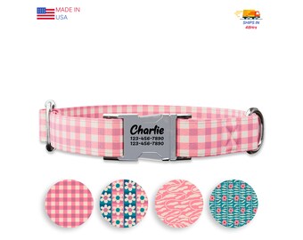 Pink Checkers Dog Collar: Handmade Personalized Metal Buckle