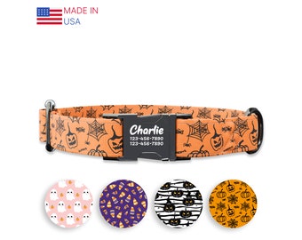 Spooky Pumpkin Dog collar w/ metal buckle, HAND MADE,  Personalized Collar, 1" inch wide, Matching leash, Halloween collar
