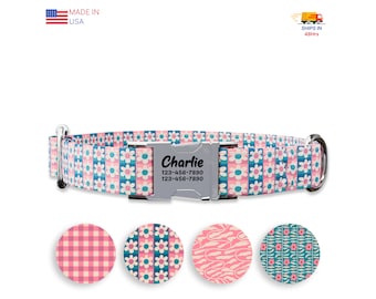 Floral checkers Collection Dog collar w/ metal buckle, HAND MADE,  Personalized Collar, 1" inch wide, Matching leash