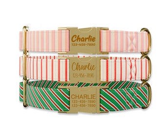 Christmas Stripes Dog Collar | metal buckle, HAND MADE , Custom Engraved Personalized Collar, 1 inch wide, designer collar