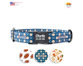 Baseball Dog collar w/ metal buckle, HAND MADE,  Personalized Collar, 1" inch wide, Matching leash