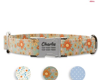 Floral & spotted Design Dog collars w/ metal buckle, HAND MADE,  Personalized Collar, 1" inch wide, Matching leash,Designer dog collars