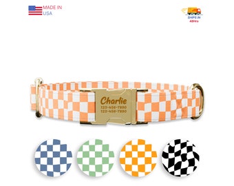 Orange Checkers Dog collar w/ metal buckle, HAND MADE,  Personalized Collar, 1" inch wide, Matching leash, 70's designs