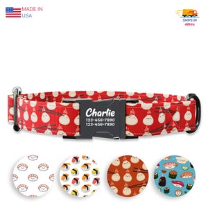 May include: Red dog collar with a white and red pattern of steamed buns and chopsticks. The collar has a black buckle with the name "Charlie" and phone numbers 123-456-7890. The collar is shown with four different patterned circles, each with a different Asian food design.