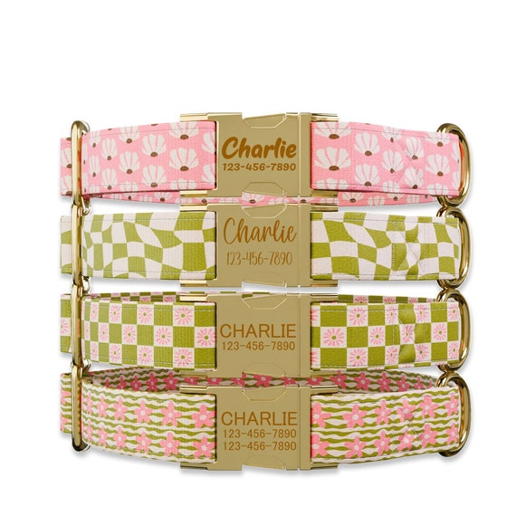Retro Floral Dog collar w/ metal buckle, HAND MADE,  Personalized Collar, 1" inch wide, Matching leash, 70's , checkers
