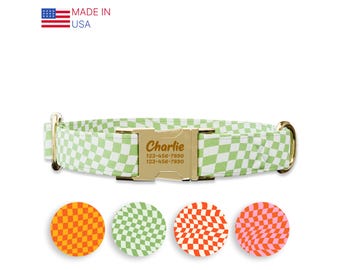 Green Checkers Dog collar w/ metal buckle, HAND MADE,  Personalized Collar, 1" inch wide, Matching leash, 70's designs