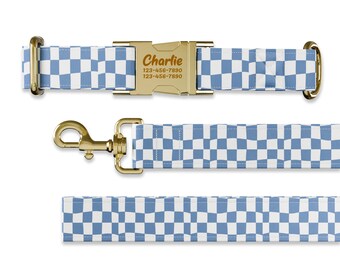 Blue Checkers Dog collar w/ metal buckle, HAND MADE,  Personalized Collar, 1" inch wide, Matching leash, 70's designs