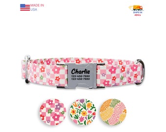 Checkered Floral Dog collar w/ metal buckle, HAND MADE,  Personalized Collar, 1" inch wide, Matching leash, Pink floral