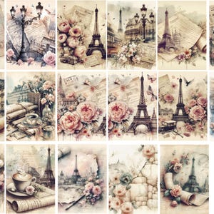 Puede incluir: Una colección de grabados artísticos en acuarela con la Torre Eiffel, escenas de calles parisinas, flores y efímeras vintage. La obra de arte tiene una estética suave y romántica con colores apagados y un toque vintage.