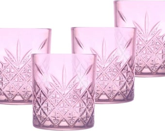 Biandeco Vintage Premium Pink Whiskey Glasses Set of 4, Colored Rocks Cocktail Tumbler, Old Fashioned Lowball