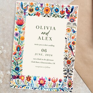 May include: A colorful wedding invitation with a floral border and birds. The invitation reads "Olivia and Alex invite you to their wedding June 06, 2024 two o'clock in the afternoon Clock Barn, Gloucestershire, UK reception to follow."