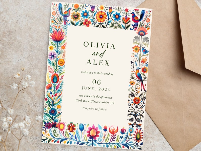 May include: A colorful wedding invitation with a floral border and birds. The invitation reads "Olivia and Alex invite you to their wedding June 06, 2024 two o'clock in the afternoon Clock Barn, Gloucestershire, UK reception to follow."