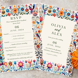 May include: A colorful wedding invitation with a floral border and a RSVP card. The invitation features the names Olivia and Alex, the date June 06, 2024, and the location Clock Barn, Gloucestershire, UK. The RSVP card includes space for the guest's name, whether they will accept or decline the invitation, the number of guests attending, dietary restrictions, and song requests.