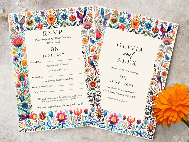 May include: A colorful wedding invitation with a floral border and a RSVP card. The invitation features the names Olivia and Alex, the date June 06, 2024, and the location Clock Barn, Gloucestershire, UK. The RSVP card includes space for the guest's name, whether they will accept or decline the invitation, the number of guests attending, dietary restrictions, and song requests.
