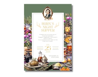 Burn's Night Supper invitation template, Scottish party invite and menu, editable digital download invites