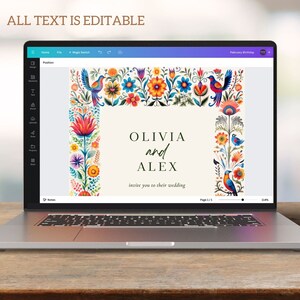 May include: A digital design template for a wedding invitation with a colorful floral border and the text "Olivia and Alex invite you to their wedding".