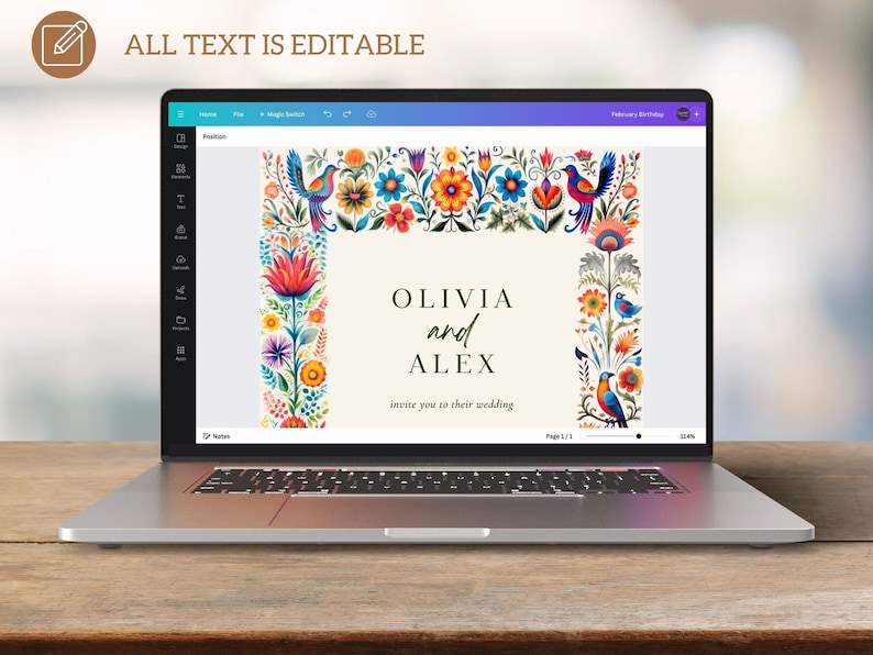 May include: A digital design template for a wedding invitation with a colorful floral border and the text "Olivia and Alex invite you to their wedding".