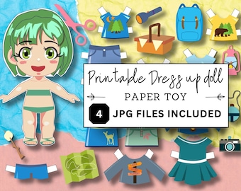 Kawaii Paper Doll Printable, camping trip! Fantasy Crafts, Digital Paper Dolls Download, Birthday Party, JPG Digital Craft, busy book