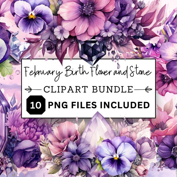 FEBRUARY Birth Month Flowers AND stones Clipart Bundle, Watercolour, png, DIY Flower Print, violet bouquet, amethyst crystals, procreate