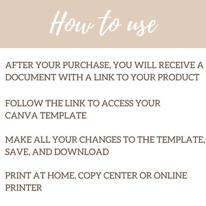 May include: A four-step guide on how to use a Canva template. The steps are numbered 1 through 4 with a brown circle around each number. The steps are: 1. After your purchase, you will receive a PDF document with a link to your product. 2. Follow the link to access your Canva template. 3. Make all your changes to the template, save, and download. 4. Print at home, copy center or online printer.