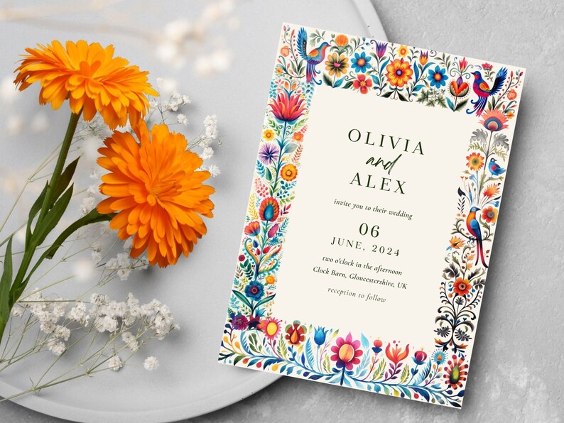 May include: Wedding invitation with a colorful floral border and the text "Olivia and Alex invite you to their wedding June 06, 2024 two o'clock in the afternoon Clock Barn, Gloucestershire, UK reception to follow"